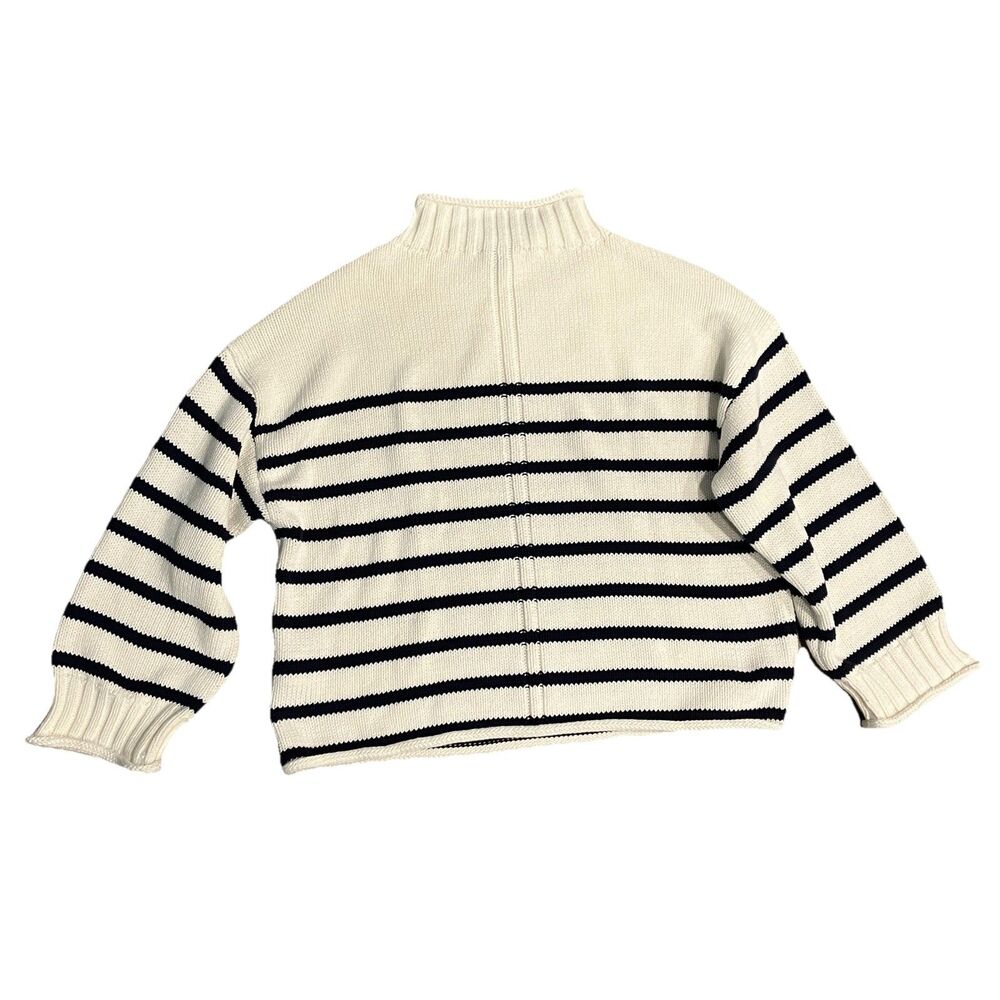 J.Crew 2025 Rollneck Sweater Womens L Ivory Navy Blue Striped Cotton Nautical - Picture 10 of 13